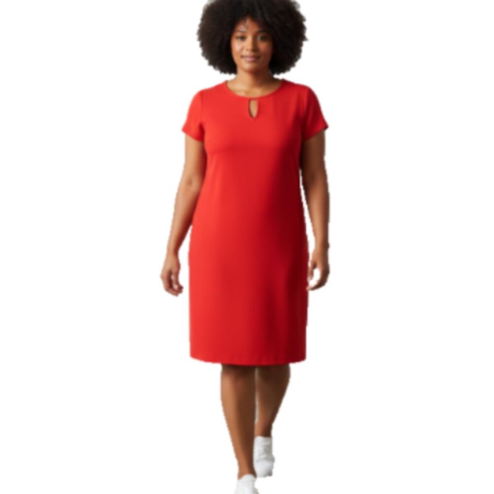 Dennis Basso Women’s 26W Red Crepe Sheath Dress Cutout Neck Cap Sleeve EUC